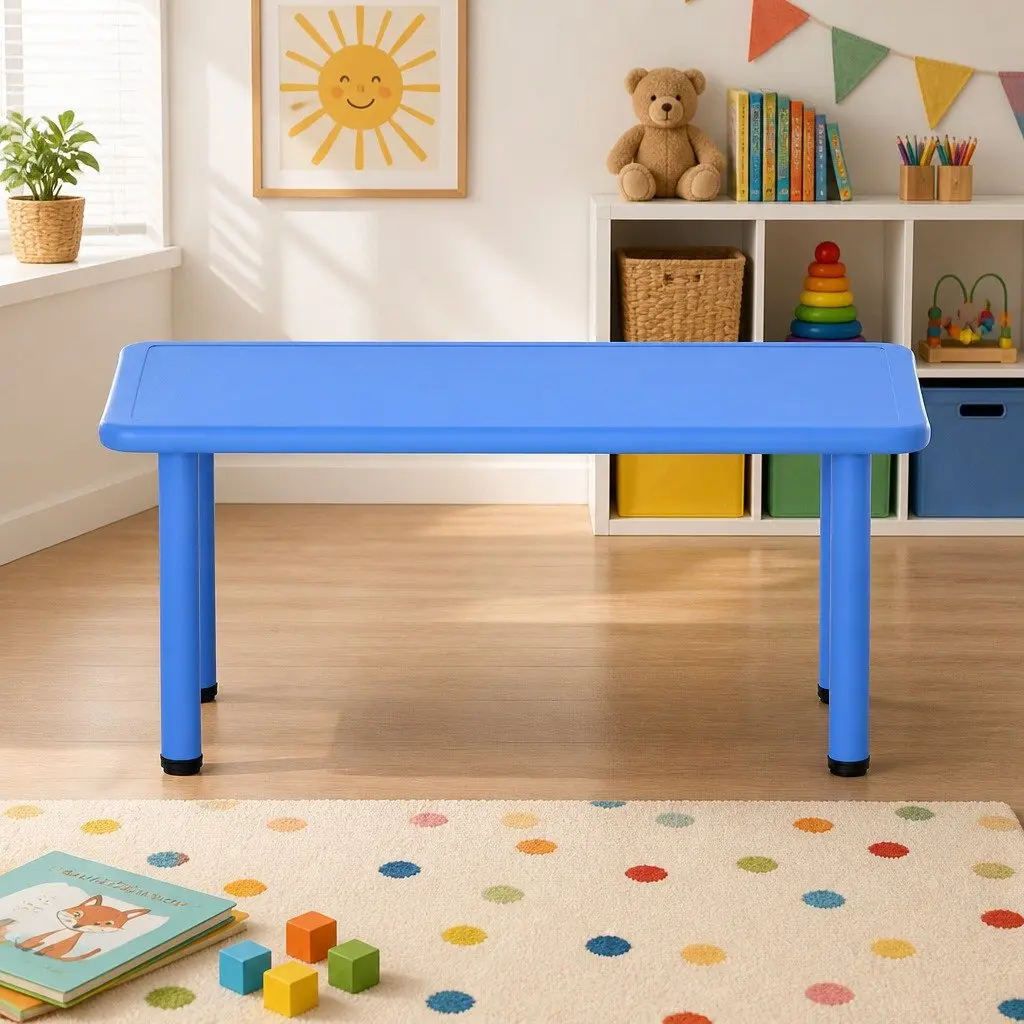 Kids Desk Blue 120x60cm Plastic Square Activity Table Indoor Outdoor Adjustable Feet