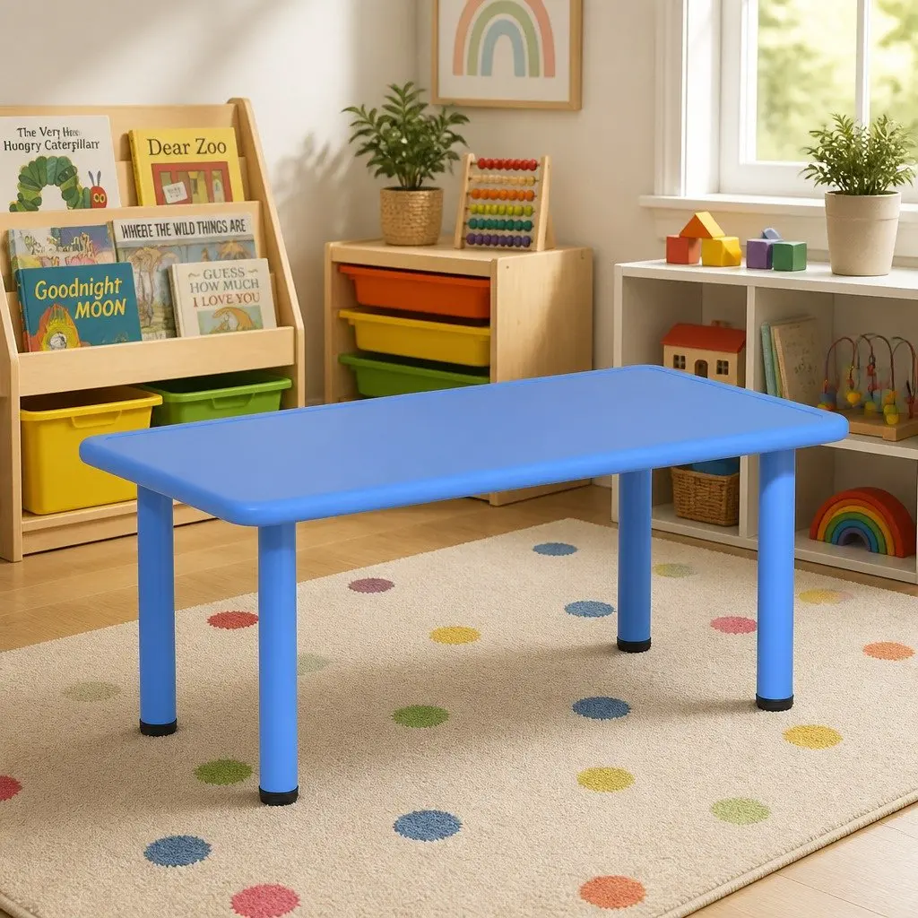Kids Desk Blue 120x60cm Plastic Square Activity Table Indoor Outdoor Adjustable Feet