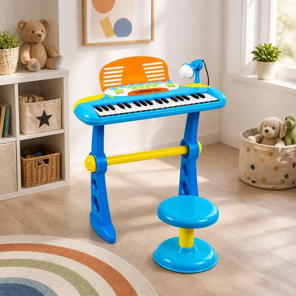 Kids Piano Keyboard Blue 37 Keys Electronic Musical Instrument Set with Stool