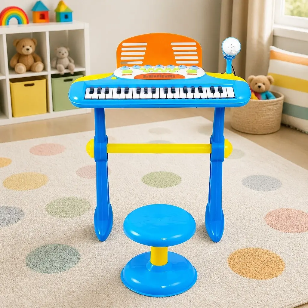 Kids Piano Keyboard Blue 37 Keys Electronic Musical Instrument Set with Stool