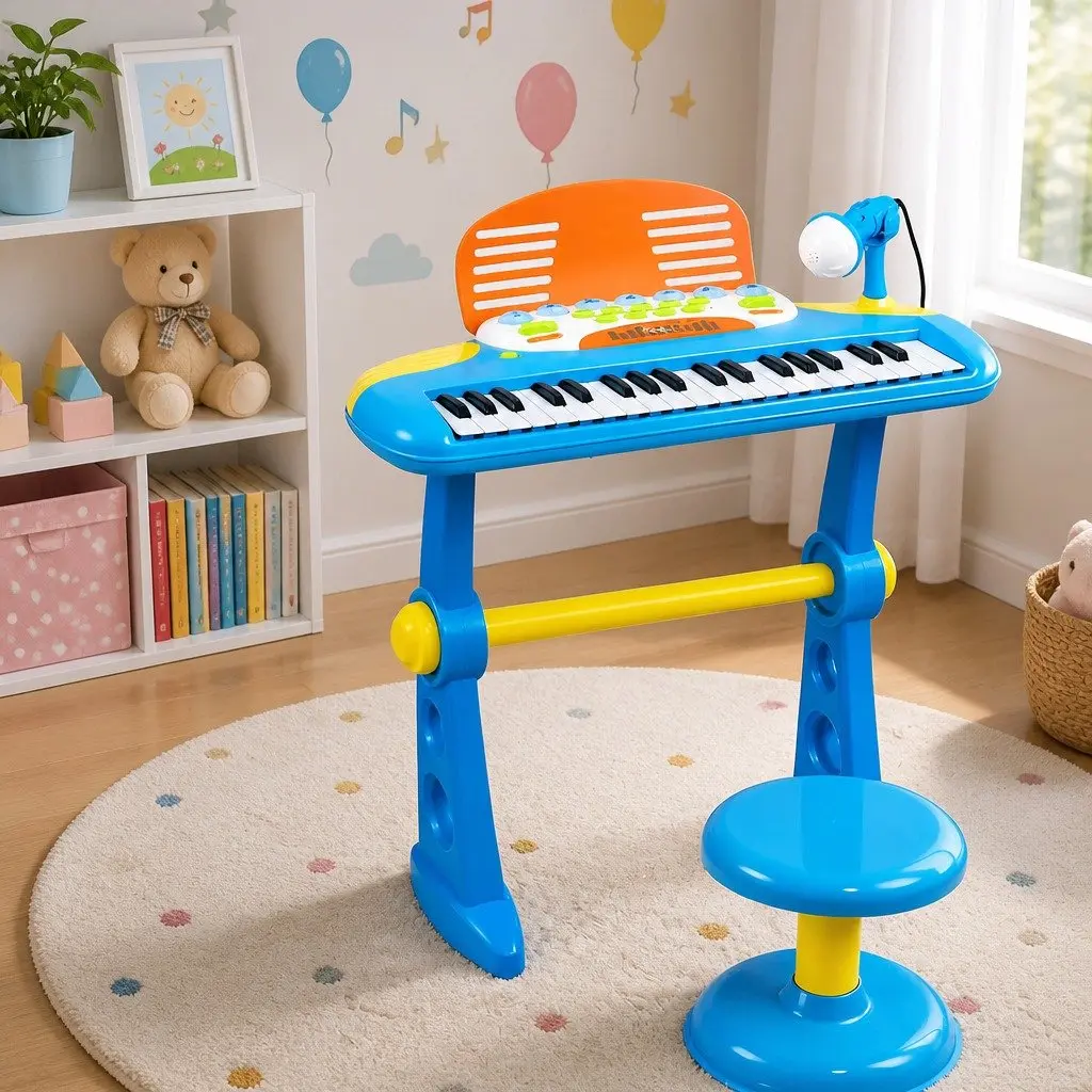 Kids Piano Keyboard Blue 37 Keys Electronic Musical Instrument Set with Stool