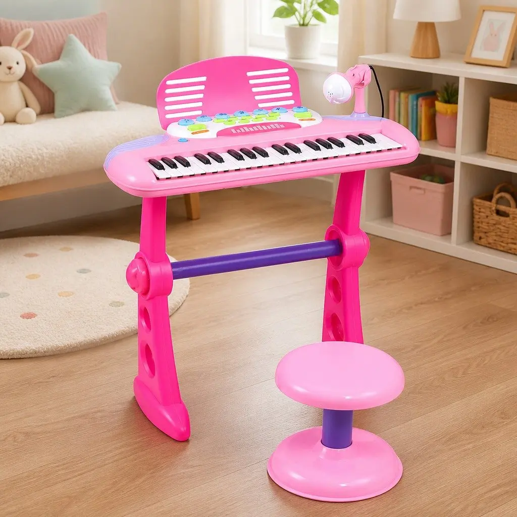 Kids Piano Keyboard Pink 37 Keys Electronic Musical Instrument Set with Stool
