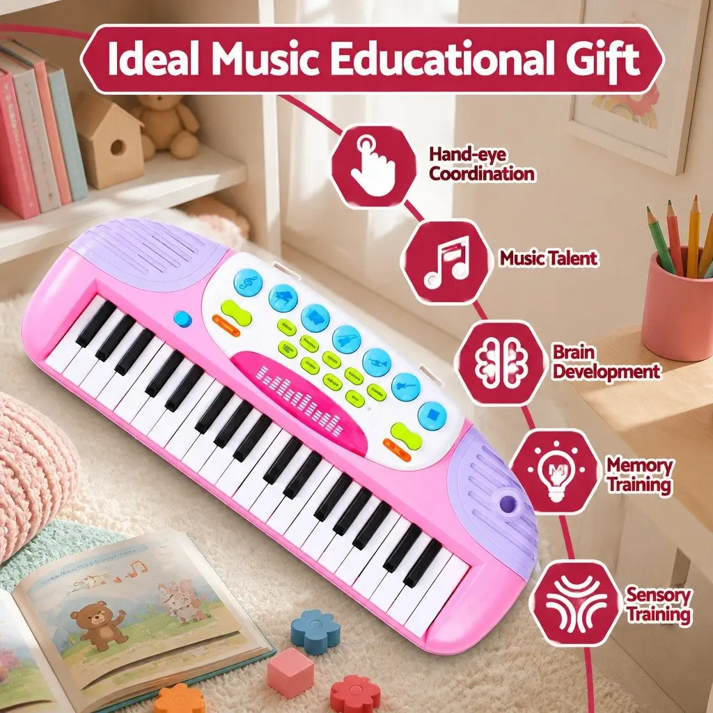 Kids Piano Keyboard Pink 37 Keys Electronic Musical Instrument Set with Stool