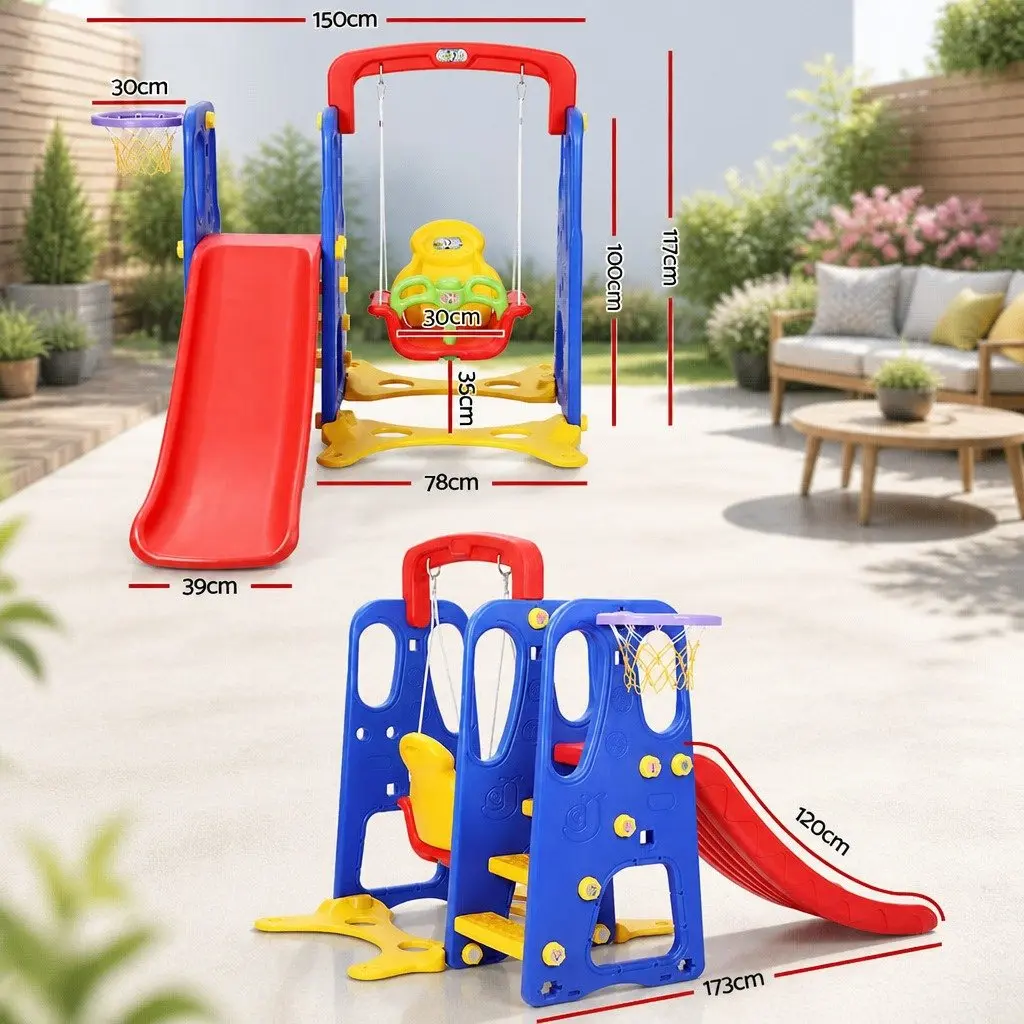Kids Slide Swing Set Green 150cm 3-in-1 Outdoor Playground with Basketball Hoop