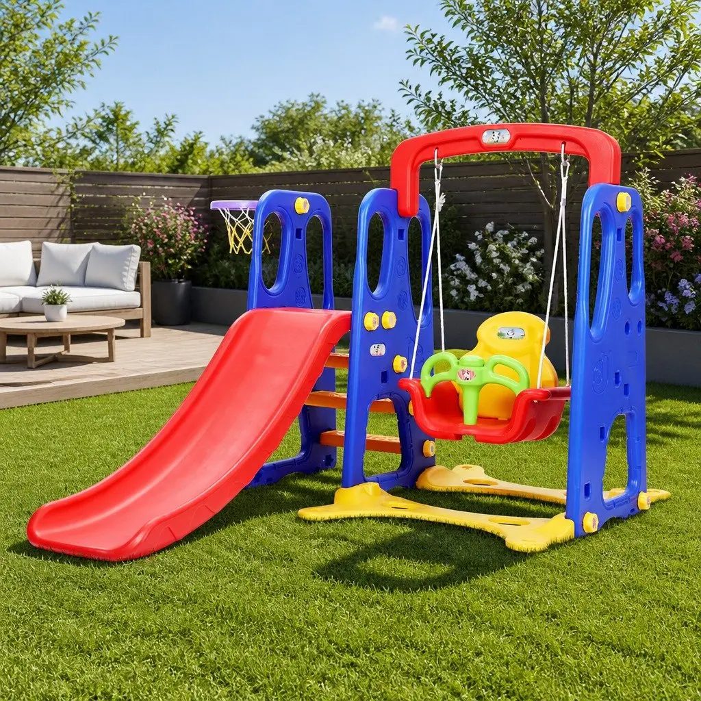 Kids Slide Swing Set Green 150cm 3-in-1 Outdoor Playground with Basketball Hoop