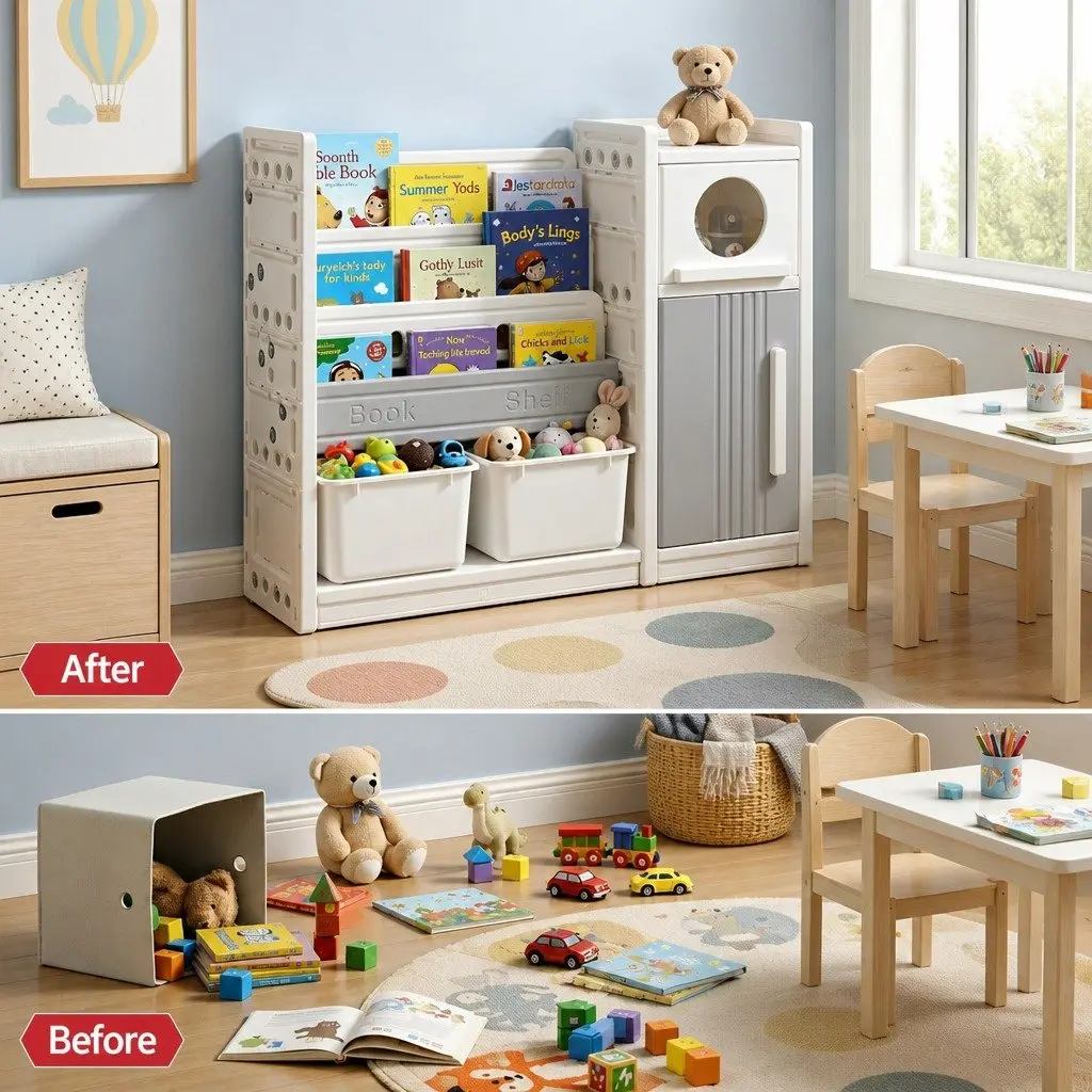 Kids Bookshelf White 3-Tier Storage Organizer with Removable Bins and Cabinet Doors