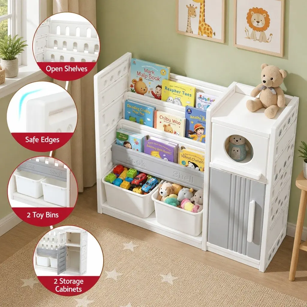 Kids Bookshelf White 3-Tier Storage Organizer with Removable Bins and Cabinet Doors
