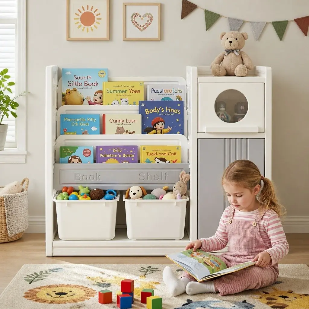 Kids Bookshelf White 3-Tier Storage Organizer with Removable Bins and Cabinet Doors