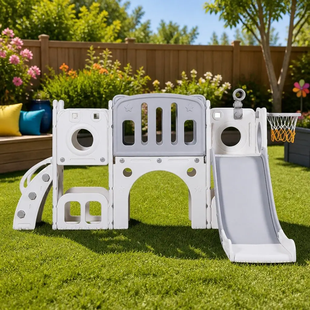 Kids Slide Swing Set Grey and White 3-in-1 Outdoor Play Equipment with Ball and Ring