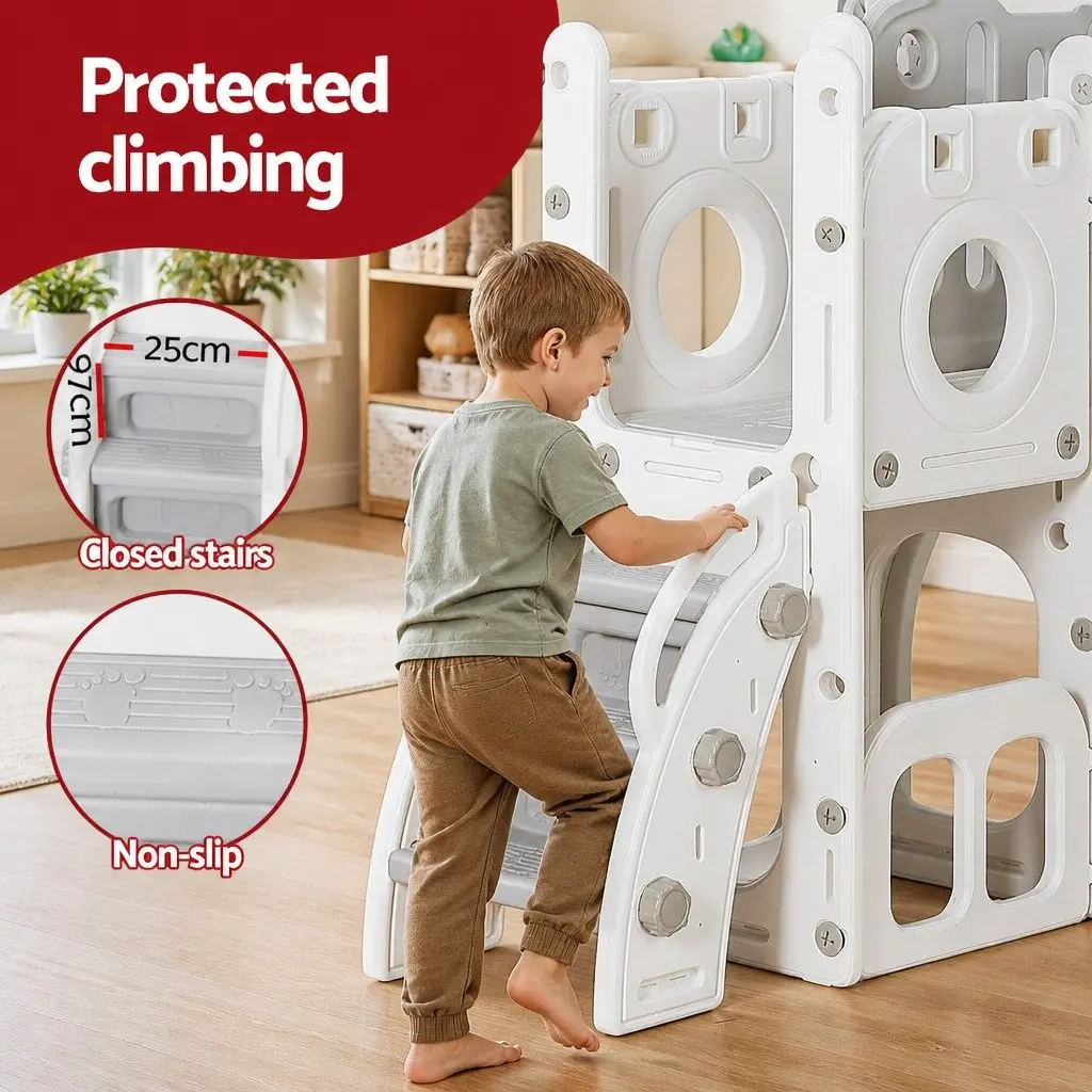 Kids Slide Swing Set Grey and White 3-in-1 Outdoor Play Equipment with Ball and Ring