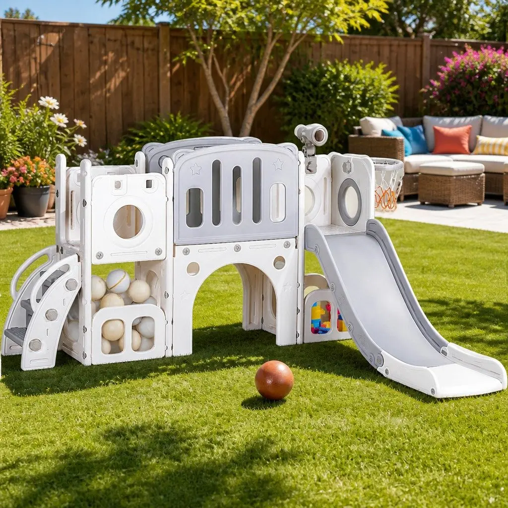 Kids Slide Swing Set Grey and White 3-in-1 Outdoor Play Equipment with Ball and Ring