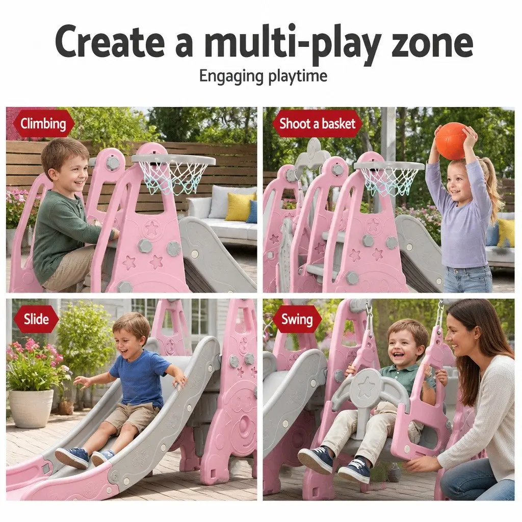 Kids Swing Slide Set Blue 3-in-1 Outdoor Play Equipment with Basketball Hoop