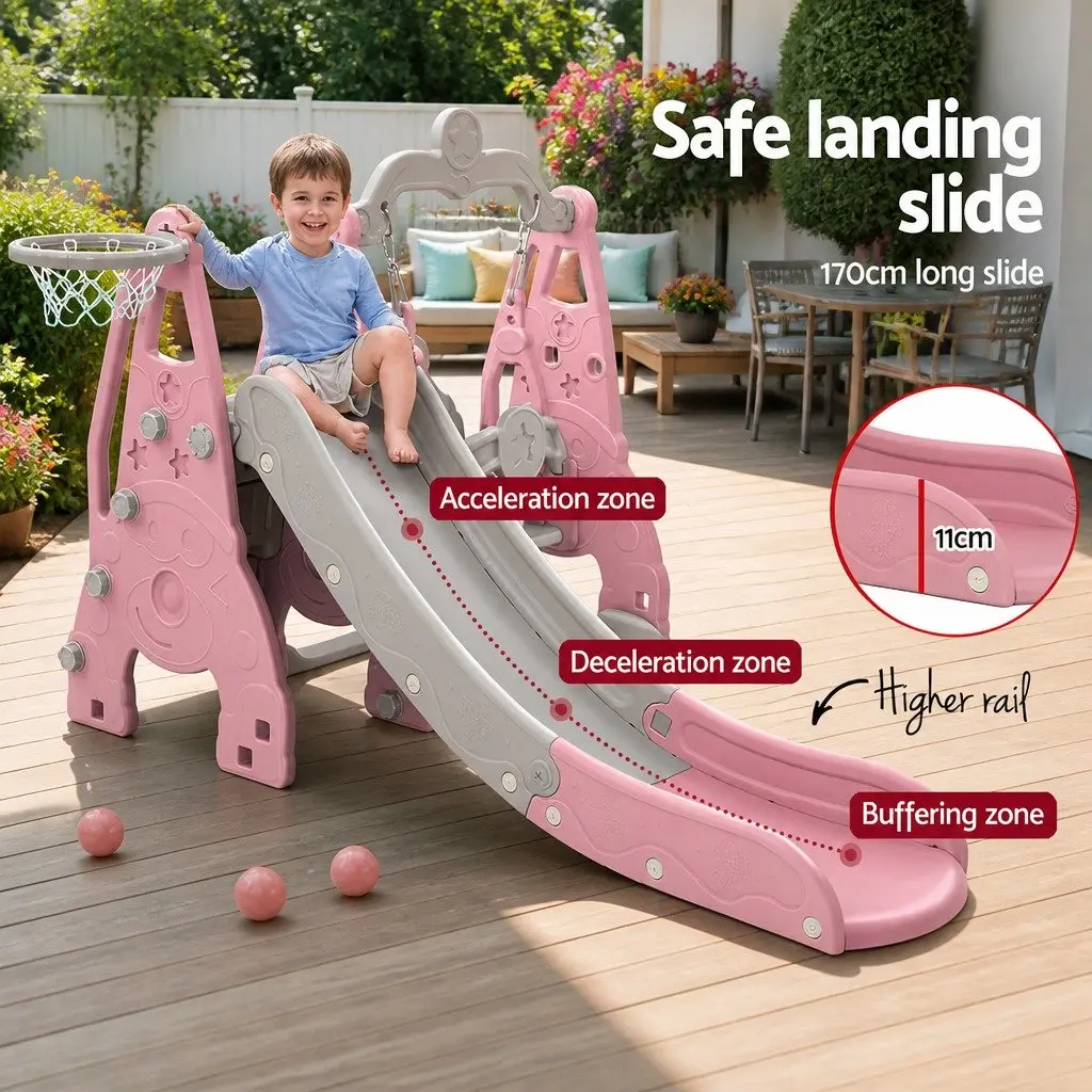 Kids Swing Slide Set Blue 3-in-1 Outdoor Play Equipment with Basketball Hoop