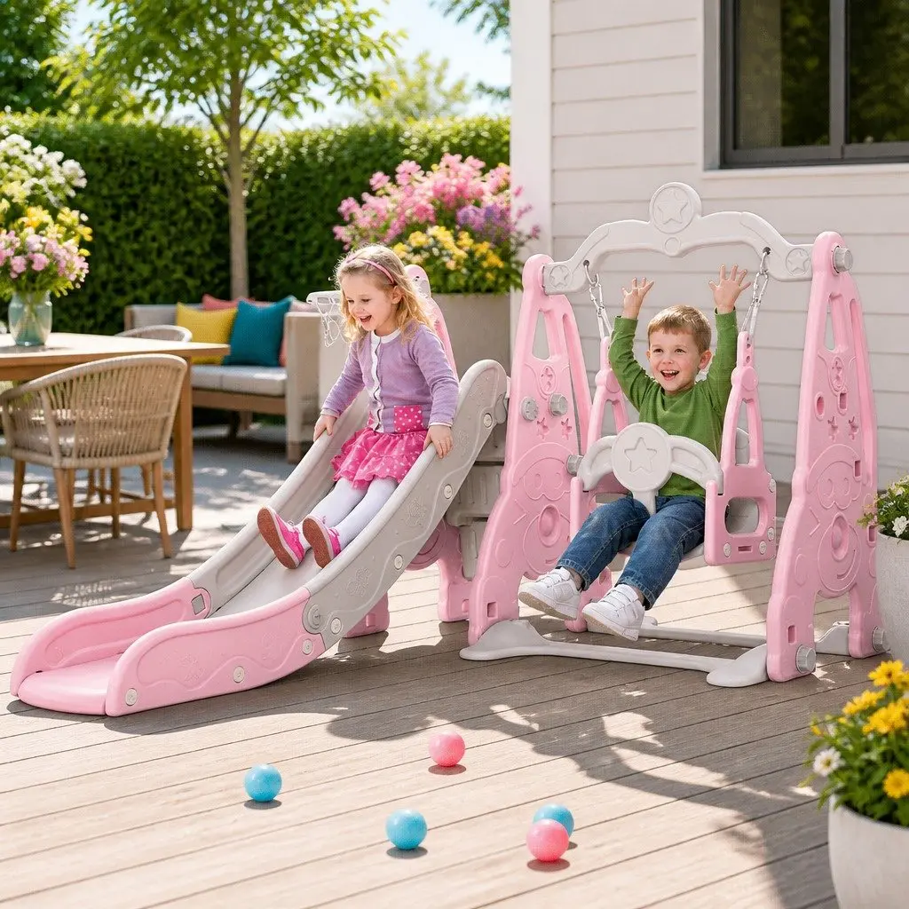 Kids Swing Slide Set Blue 3-in-1 Outdoor Play Equipment with Basketball Hoop
