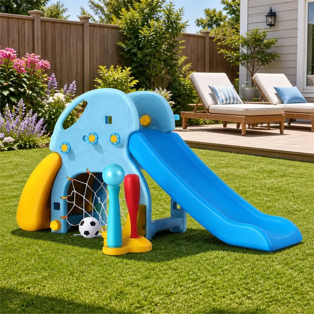 Kids Slide Set Blue Yellow 5-in-1 Outdoor Playground with Slide Basketball Hoop Batting Game Football Goal Rock Climbing Feature