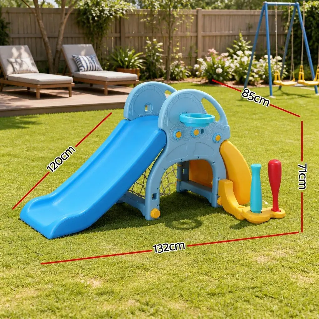 Kids Slide Set Blue Yellow 5-in-1 Outdoor Playground with Slide Basketball Hoop Batting Game Football Goal Rock Climbing Feature