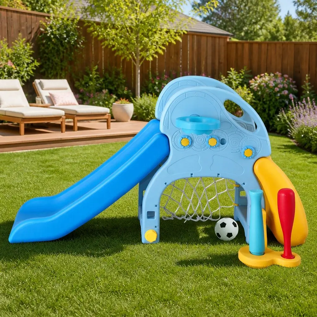 Kids Slide Set Blue Yellow 5-in-1 Outdoor Playground with Slide Basketball Hoop Batting Game Football Goal Rock Climbing Feature
