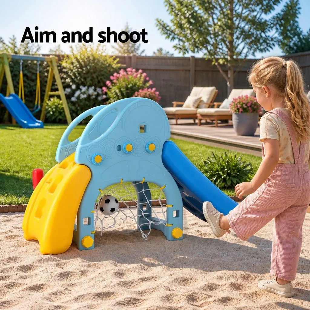 Kids Slide Set Blue Yellow 5-in-1 Outdoor Playground with Slide Basketball Hoop Batting Game Football Goal Rock Climbing Feature