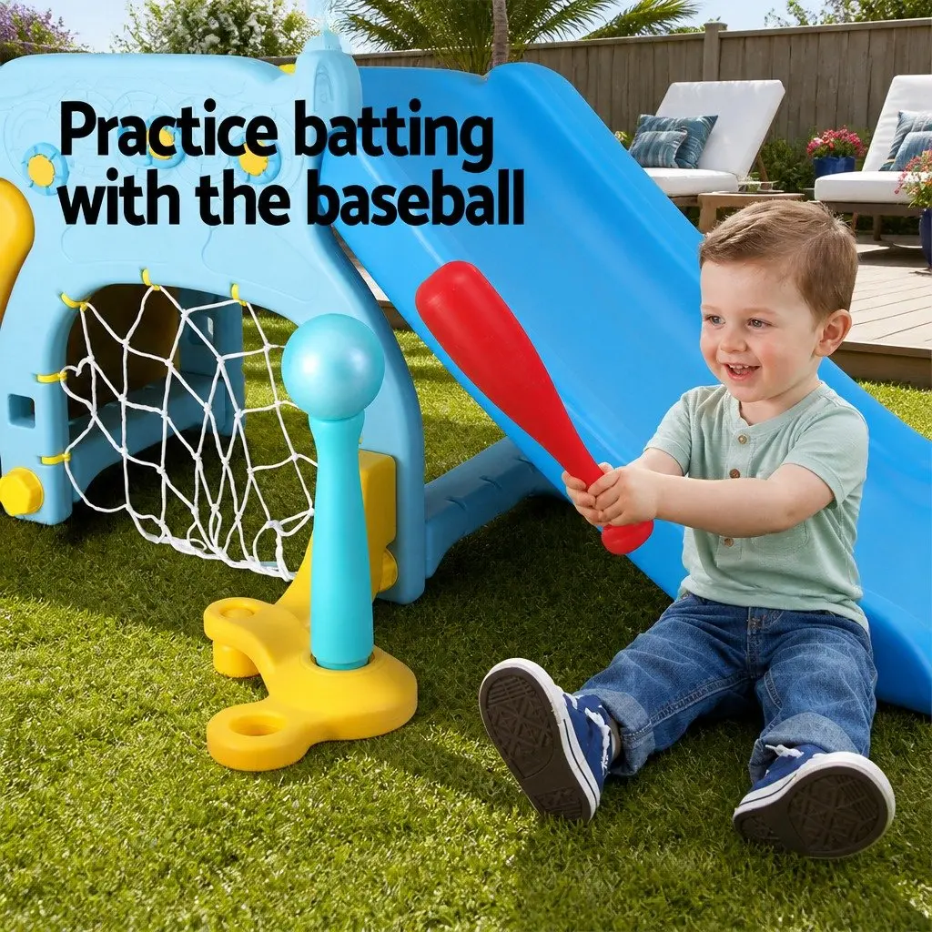 Kids Slide Set Blue Yellow 5-in-1 Outdoor Playground with Slide Basketball Hoop Batting Game Football Goal Rock Climbing Feature