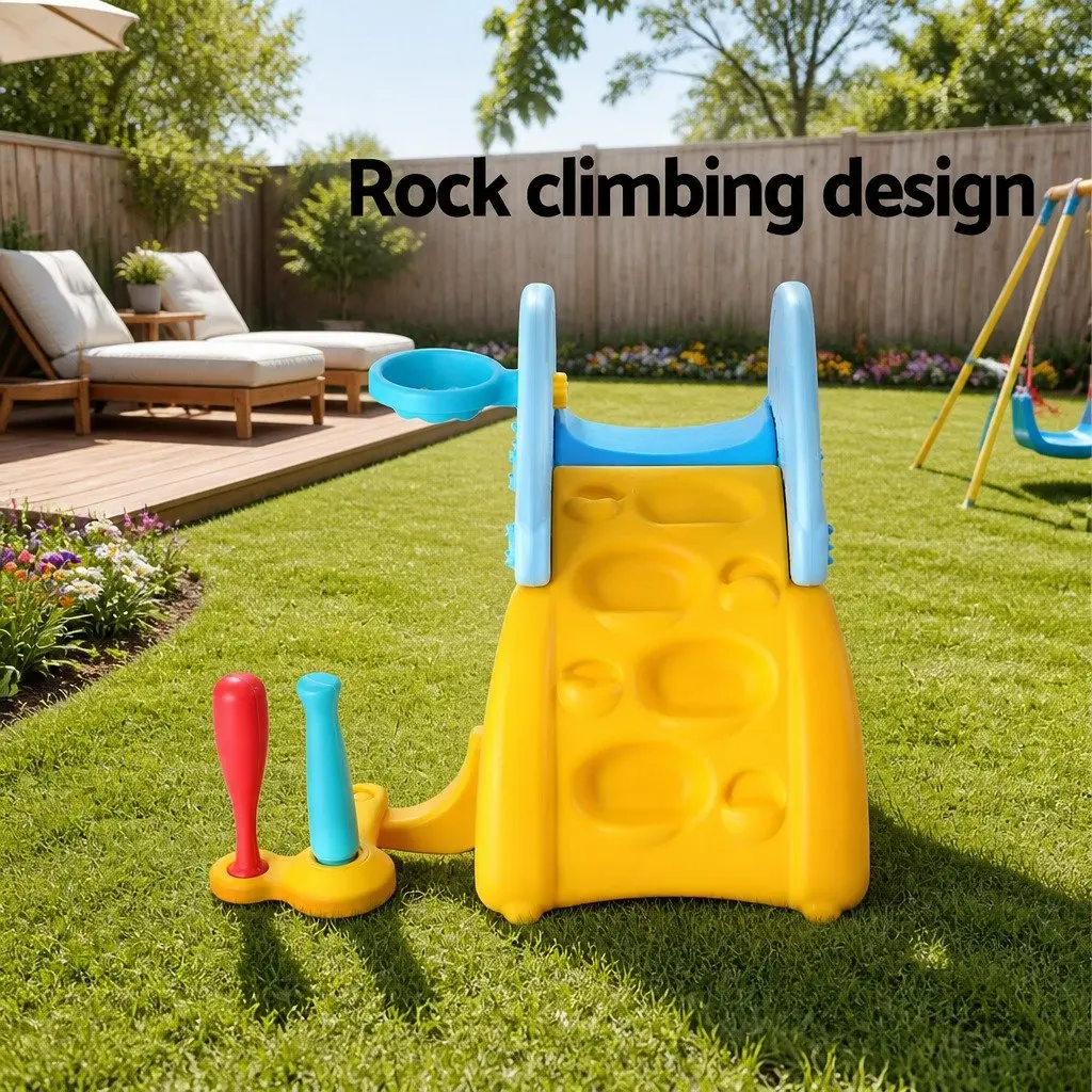 Kids Slide Set Blue Yellow 5-in-1 Outdoor Playground with Slide Basketball Hoop Batting Game Football Goal Rock Climbing Feature