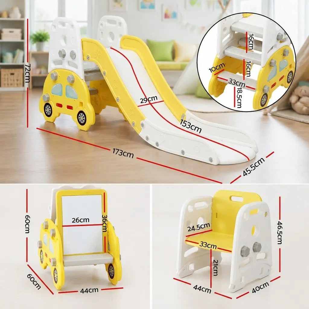 Indoor Playset Yellow White 5-in-1 Toddler Slide Book Storage Drawing Board Chair Dining Seat Building Block Table
