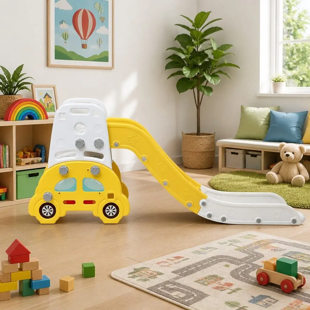 Indoor Playset Yellow White 5-in-1 Toddler Slide Book Storage Drawing Board Chair Dining Seat Building Block Table