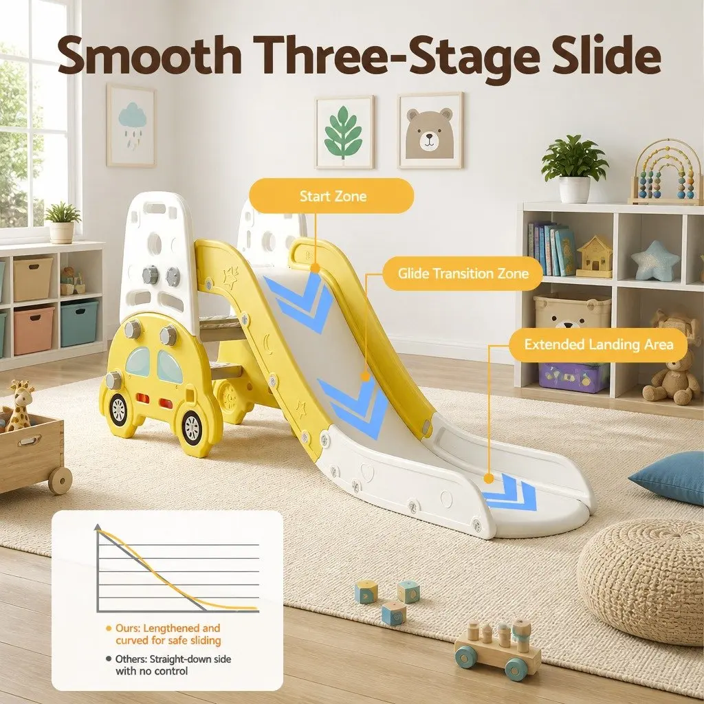 Indoor Playset Yellow White 5-in-1 Toddler Slide Book Storage Drawing Board Chair Dining Seat Building Block Table
