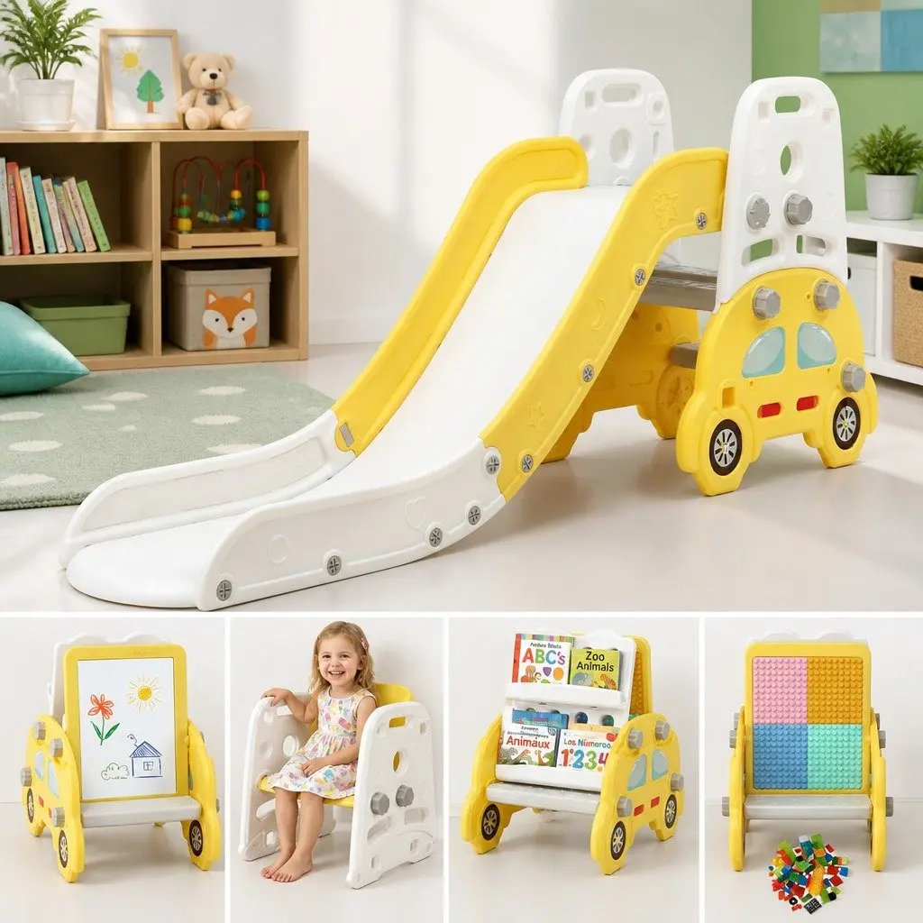 Indoor Playset Yellow White 5-in-1 Toddler Slide Book Storage Drawing Board Chair Dining Seat Building Block Table