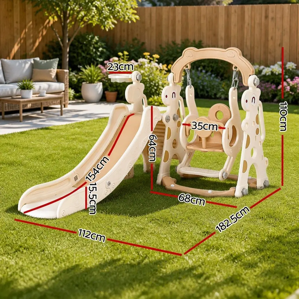 Kids Slide Swing Set Beige 3-in-1 Outdoor Play Equipment with Basketball Hoop