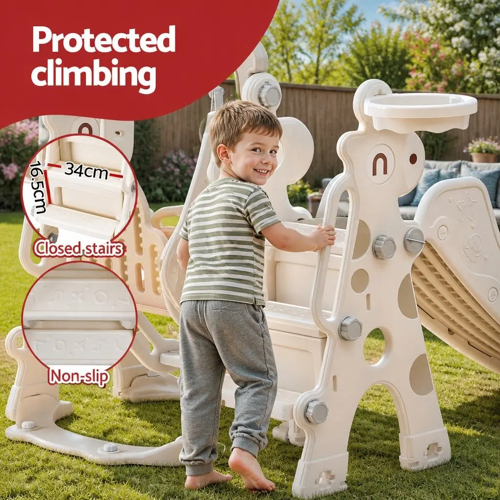 Kids Slide Swing Set Beige 3-in-1 Outdoor Play Equipment with Basketball Hoop