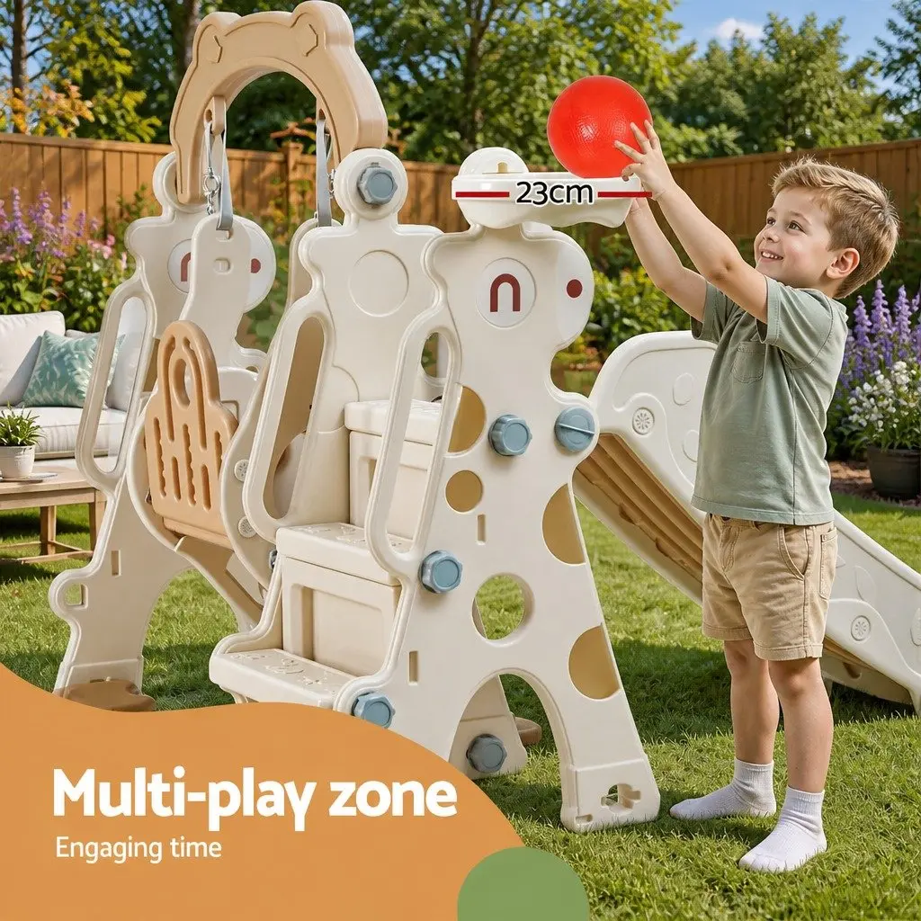 Kids Slide Swing Set Beige 3-in-1 Outdoor Play Equipment with Basketball Hoop