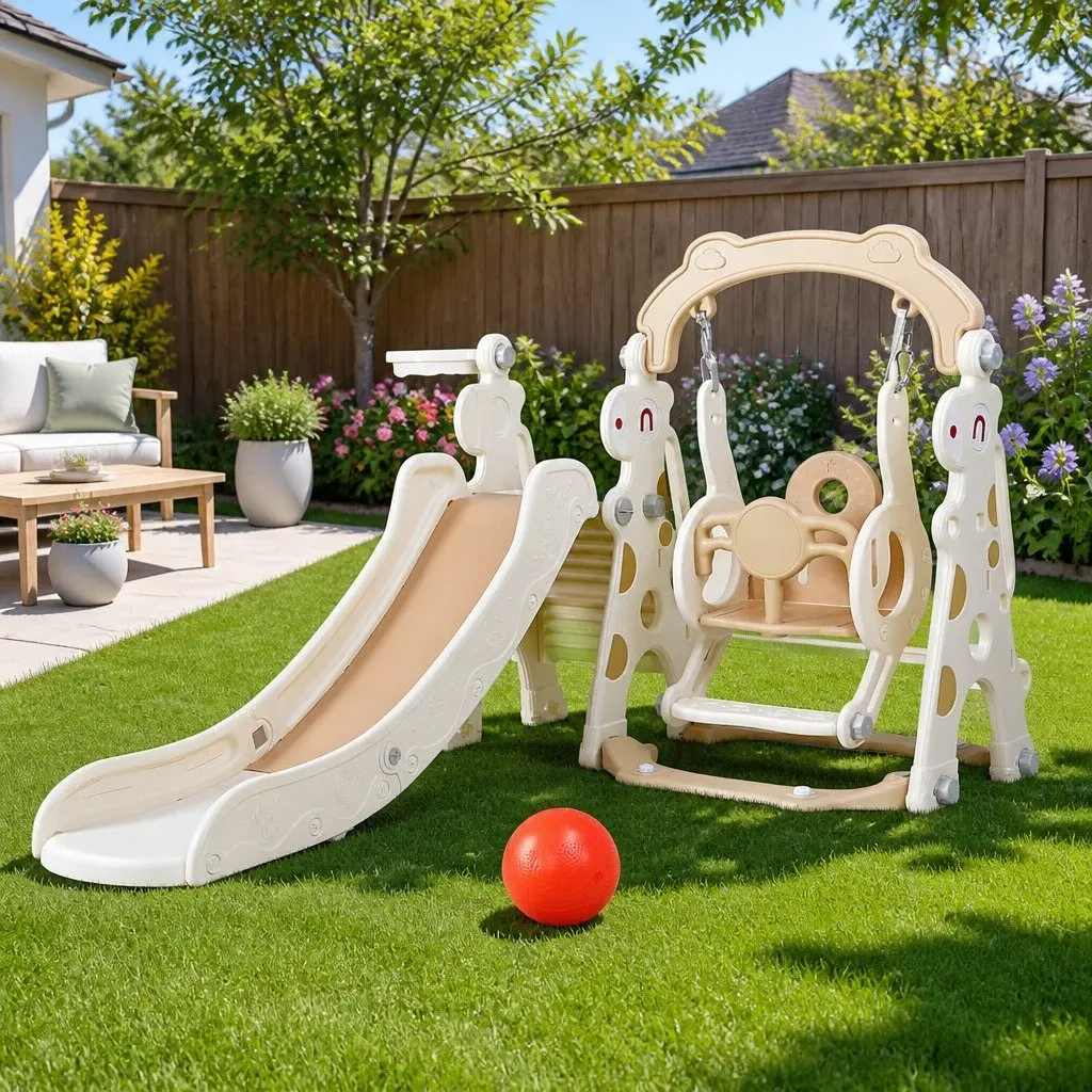 Kids Slide Swing Set Beige 3-in-1 Outdoor Play Equipment with Basketball Hoop
