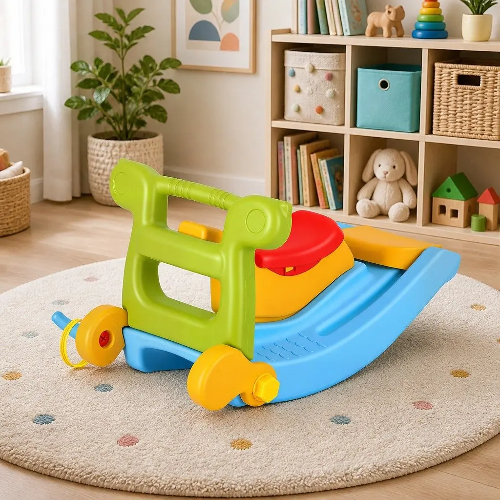 Kids Activity Playset Multicolour Indoor 3 in 1 Slide Rocking Horse Ring Toss