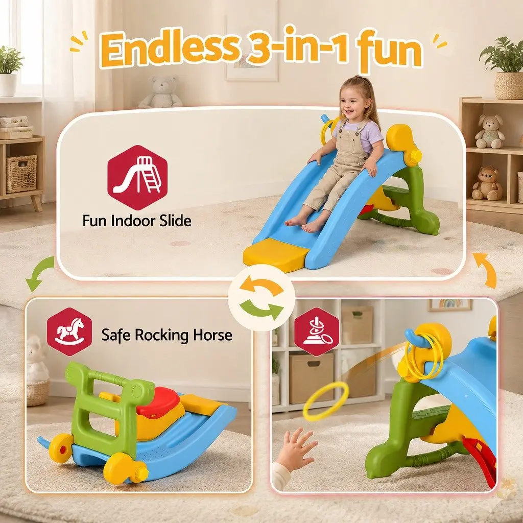 Kids Activity Playset Multicolour Indoor 3 in 1 Slide Rocking Horse Ring Toss