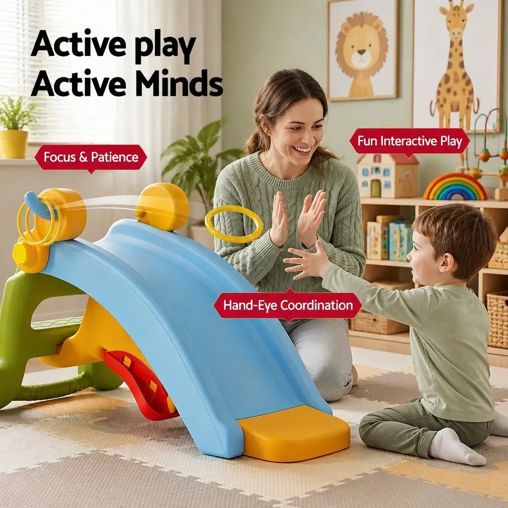 Kids Activity Playset Multicolour Indoor 3 in 1 Slide Rocking Horse Ring Toss