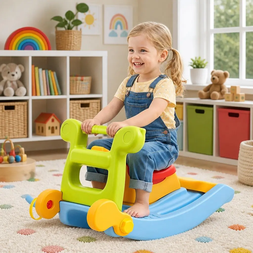 Kids Activity Playset Multicolour Indoor 3 in 1 Slide Rocking Horse Ring Toss