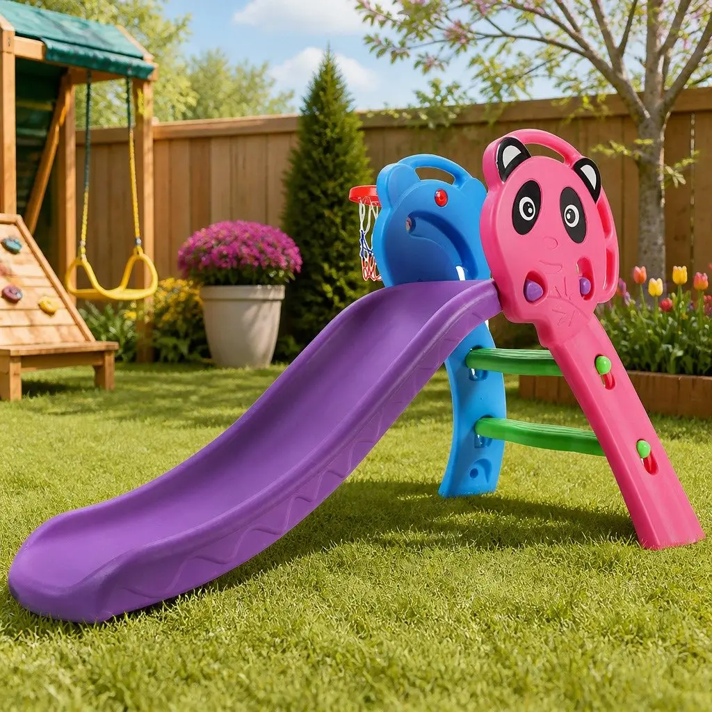 Kids Slide Set Multi-Coloured 100cm Integrated Basketball Hoop Indoor Outdoor Play Equipment