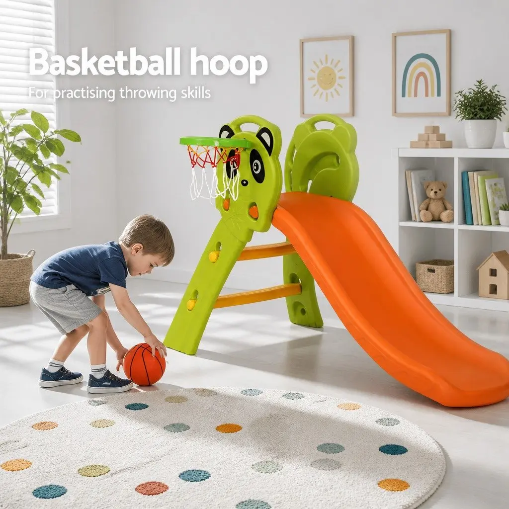 Kids Slide Basketball Hoop Play Set Orange Green 100cm 2-in-1 Indoor Outdoor Active Play