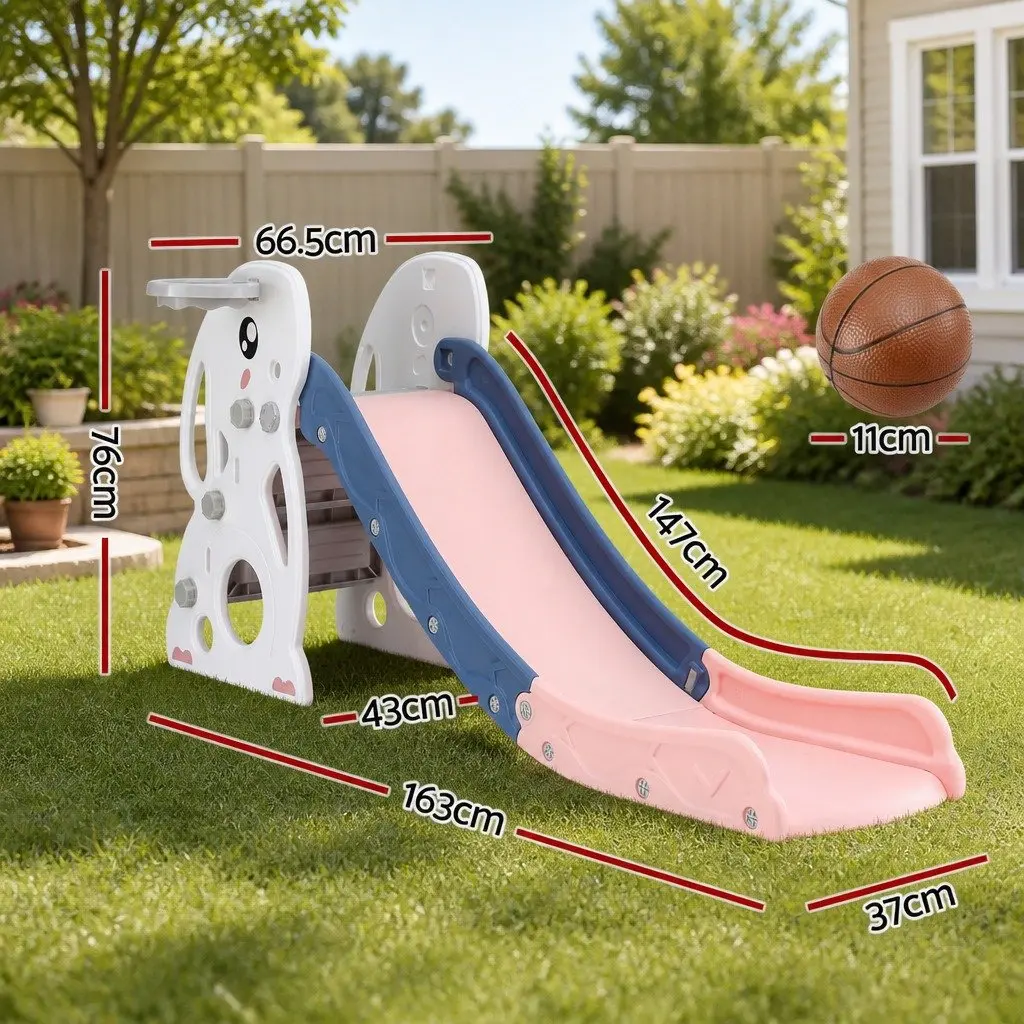 Kids Slide Set Yellow Green White Pink 147cm Extra Long 5 in 1 Activity Playground Toy with Basketball Hoop Climber Hiding Spot Storage