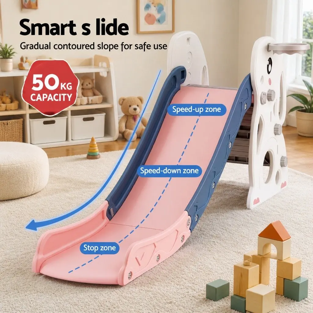 Kids Slide Set Yellow Green White Pink 147cm Extra Long 5 in 1 Activity Playground Toy with Basketball Hoop Climber Hiding Spot Storage