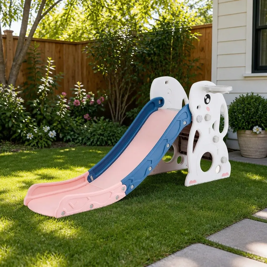 Kids Slide Set Yellow Green White Pink 147cm Extra Long 5 in 1 Activity Playground Toy with Basketball Hoop Climber Hiding Spot Storage