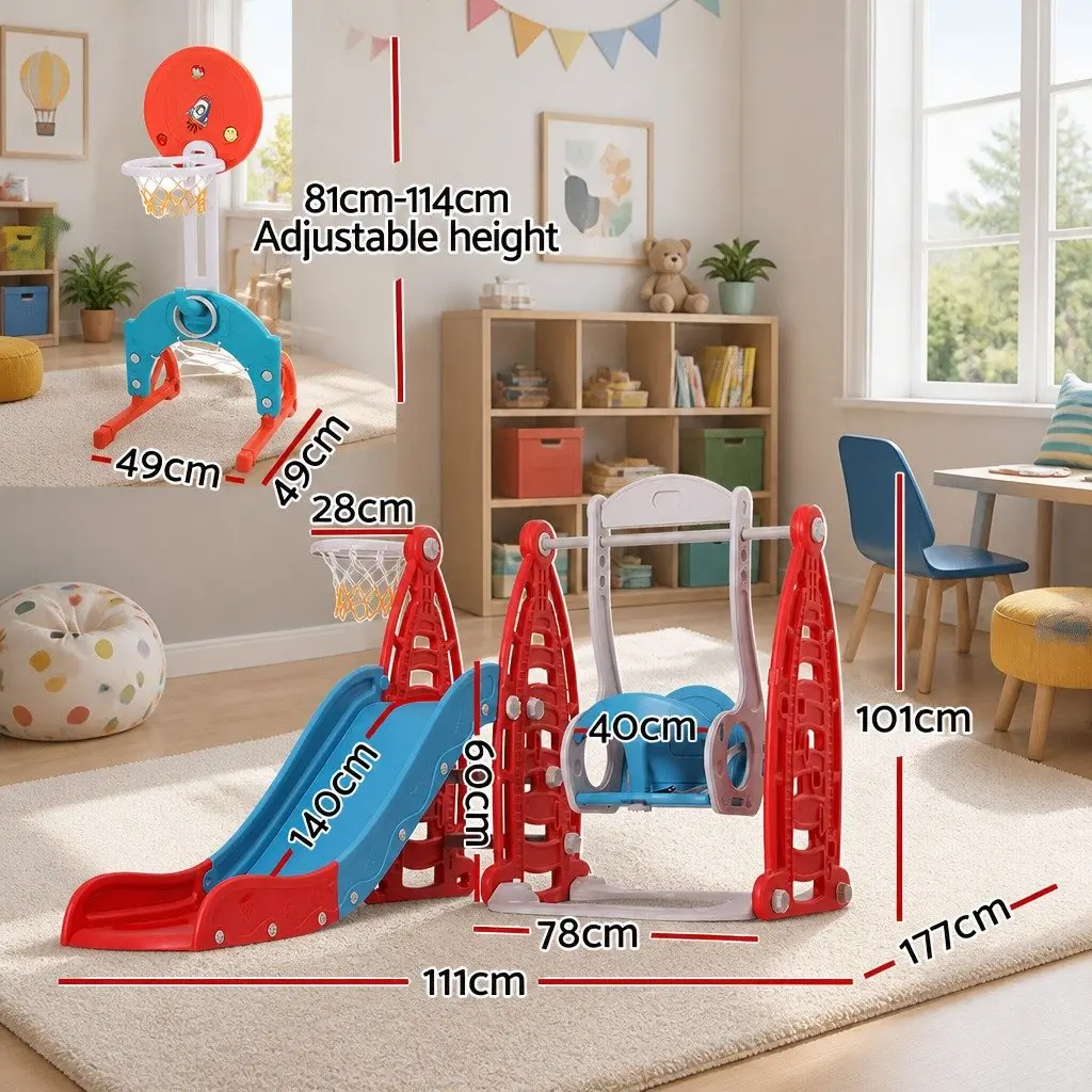 Kids Slide Swing Set Red 6-in-1 with Basketball Hoops Football Goal Ring Toss Outdoor Play Equipment