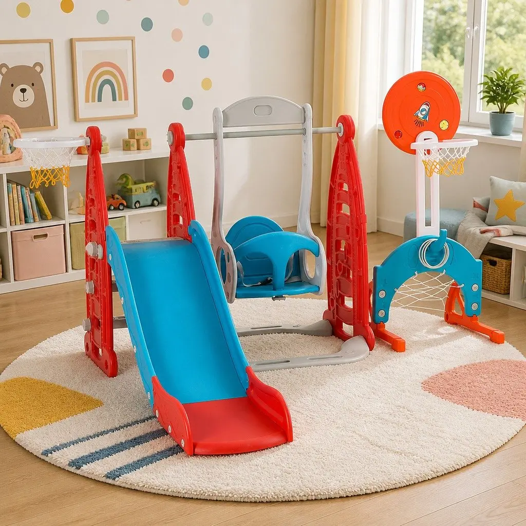 Kids Slide Swing Set Red 6-in-1 with Basketball Hoops Football Goal Ring Toss Outdoor Play Equipment