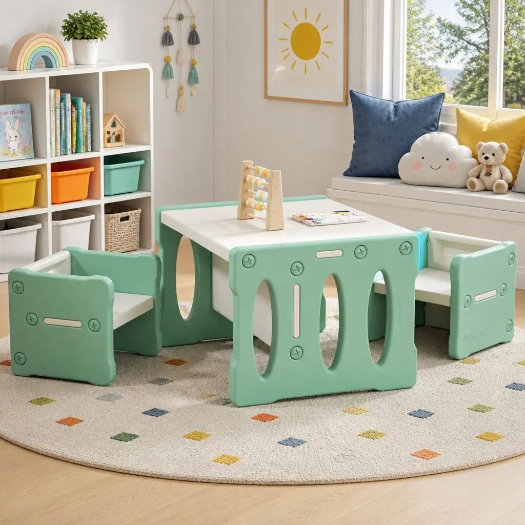 Kids Table and Chairs Set Green 3 Piece Multi-Purpose Activity Furniture for Children Play Room