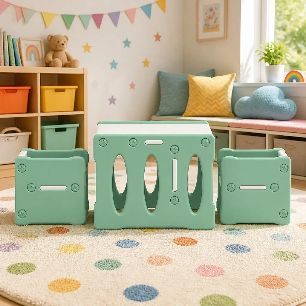 Kids Table and Chairs Set Green 3 Piece Multi-Purpose Activity Furniture for Children Play Room