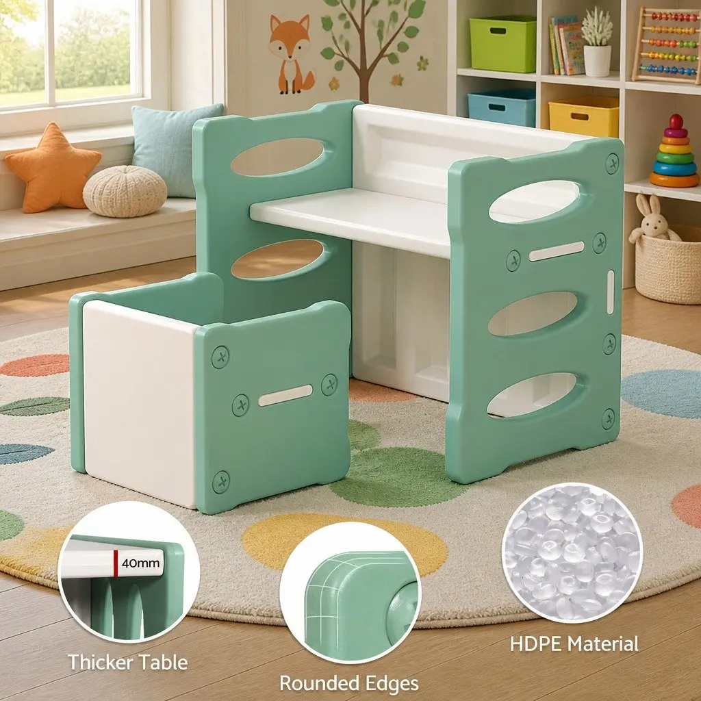 Kids Table and Chairs Set Green 3 Piece Multi-Purpose Activity Furniture for Children Play Room