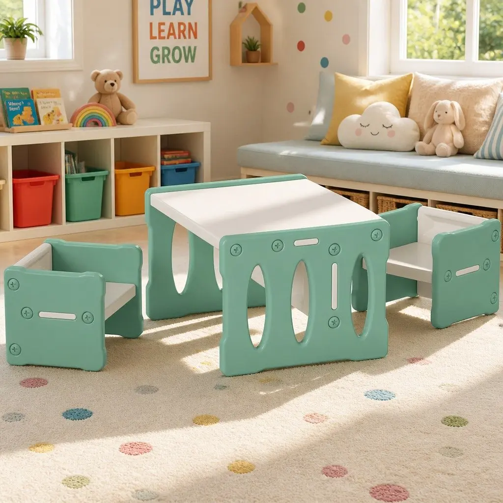Kids Table and Chairs Set Green 3 Piece Multi-Purpose Activity Furniture for Children Play Room