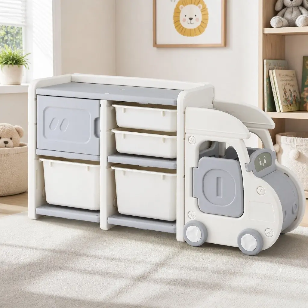 Car Shaped Kids Toy Storage Organizer White Grey with Removable Bins Drawers Cabinet