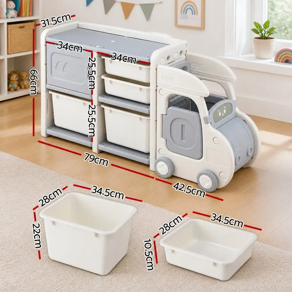 Car Shaped Kids Toy Storage Organizer White Grey with Removable Bins Drawers Cabinet