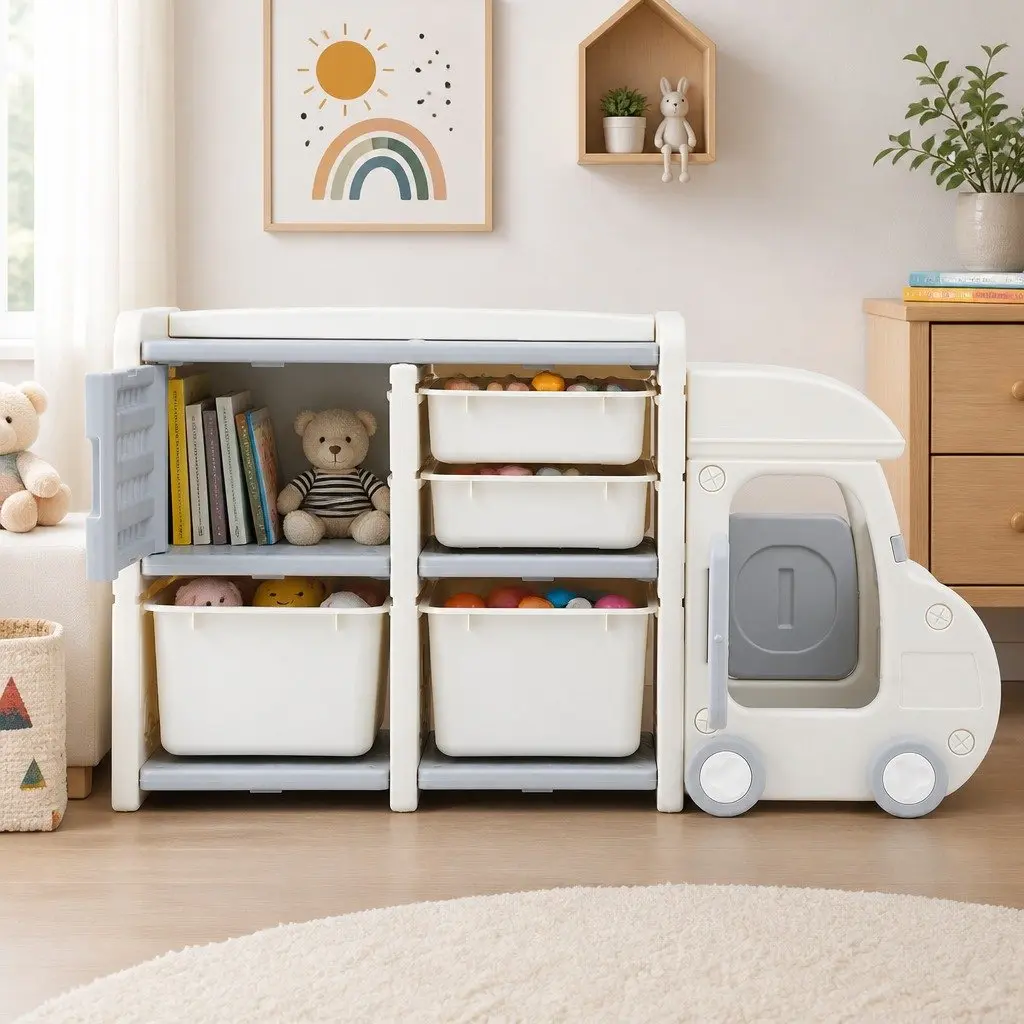 Car Shaped Kids Toy Storage Organizer White Grey with Removable Bins Drawers Cabinet